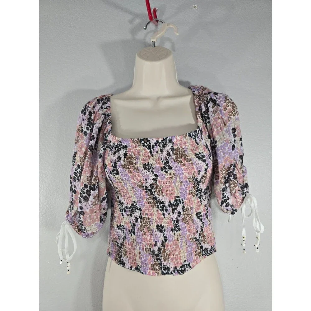 Free People Back on Top Crop Smocked Shirt Size Small Blouse Puff Sleeve NWT BU